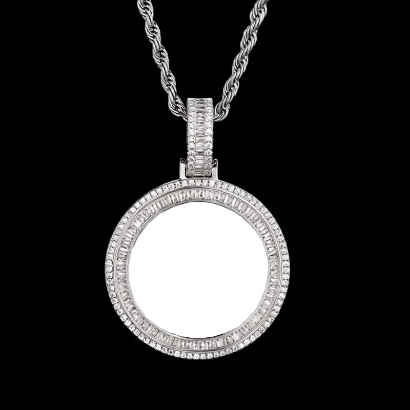 3D Solid Double - Row Micro - Inlaid Custom Photo Round Pendant - 35mm - TONGSHOP / Length:16 / Length:18