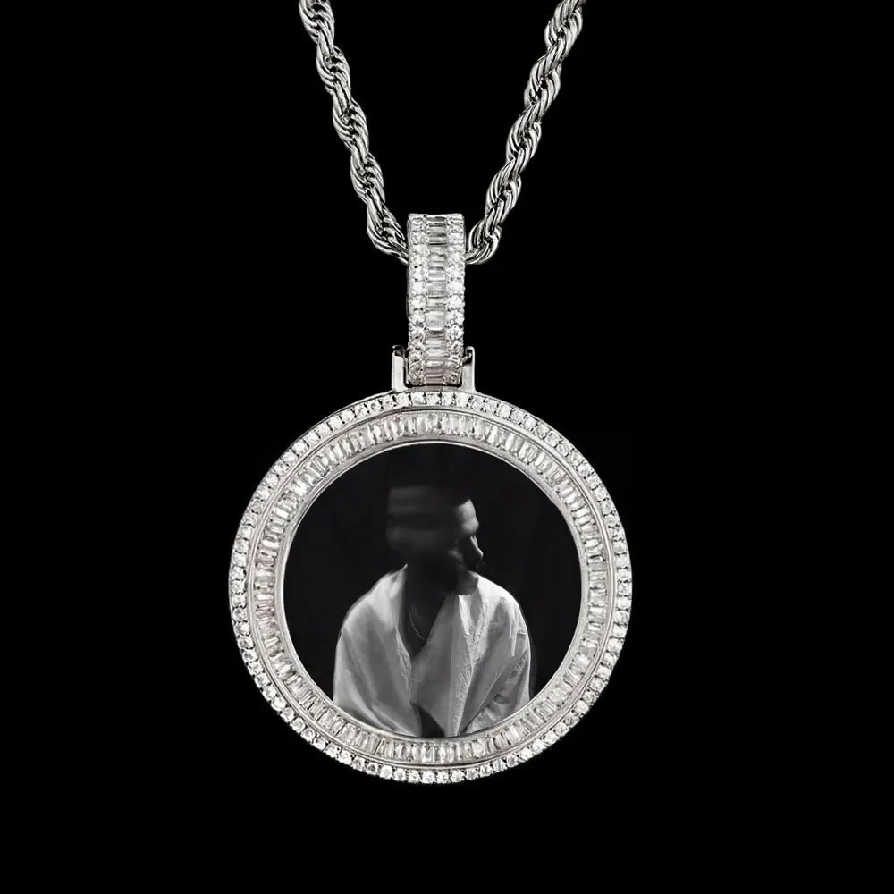 3D Solid Double - Row Micro - Inlaid Custom Photo Round Pendant - 35mm - TONGSHOP / Length:16 / Length:18