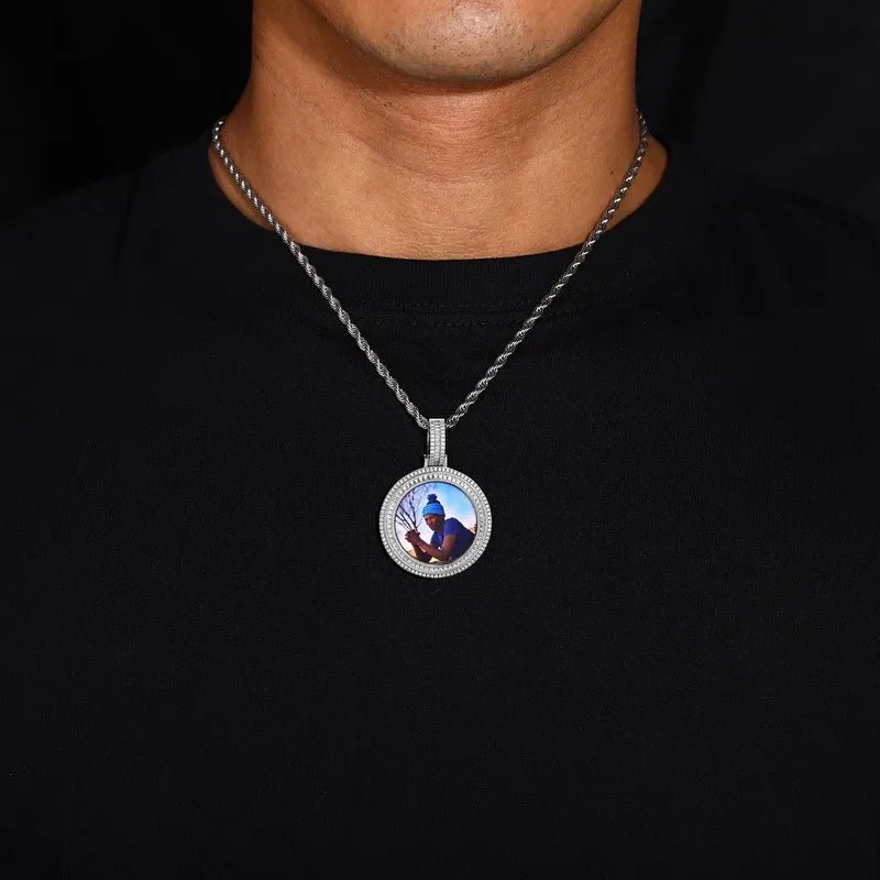 3D Solid Double - Row Micro - Inlaid Custom Photo Round Pendant - 35mm - TONGSHOP / Length:16 / Length:18