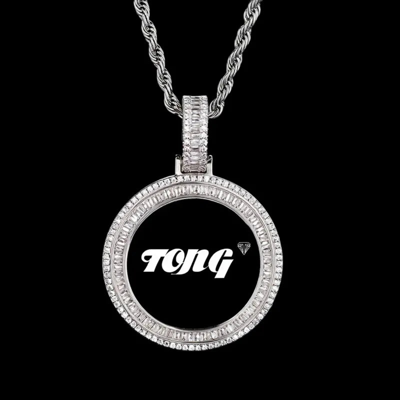 3D Solid Double - Row Micro - Inlaid Custom Photo Round Pendant - 35mm - TONGSHOP / Length:16 / Length:18