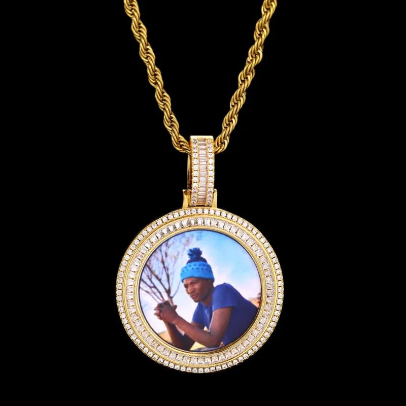 3D Solid Double - Row Micro - Inlaid Custom Photo Round Pendant - 35mm - TONGSHOP / Length:16 / Length:18