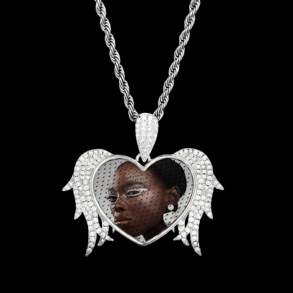 3D Solid Heart and Thorn Wings Custom Photo Round Pendant - 45mm - TONGSHOP / Length:16 / Length:18