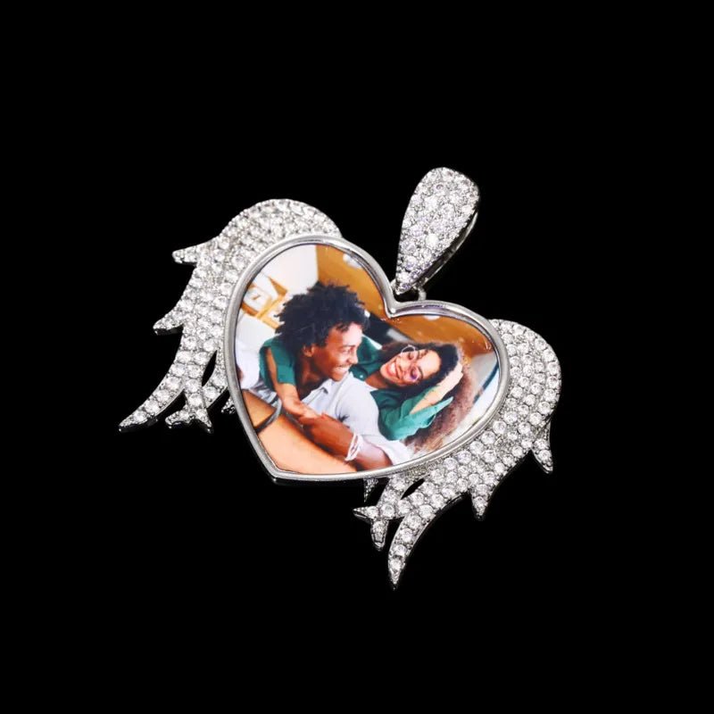 3D Solid Heart and Thorn Wings Custom Photo Round Pendant - 45mm - TONGSHOP / Length:16 / Length:18