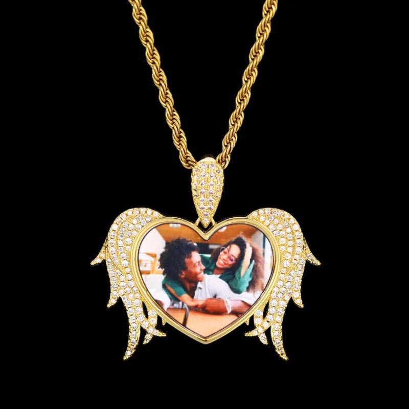 3D Solid Heart and Thorn Wings Custom Photo Round Pendant - 45mm - TONGSHOP / Length:16 / Length:18