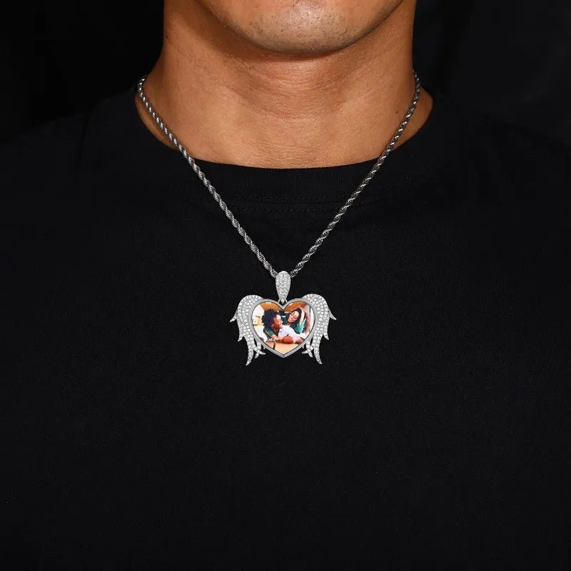 3D Solid Heart and Thorn Wings Custom Photo Round Pendant - 45mm - TONGSHOP / Length:16 / Length:18