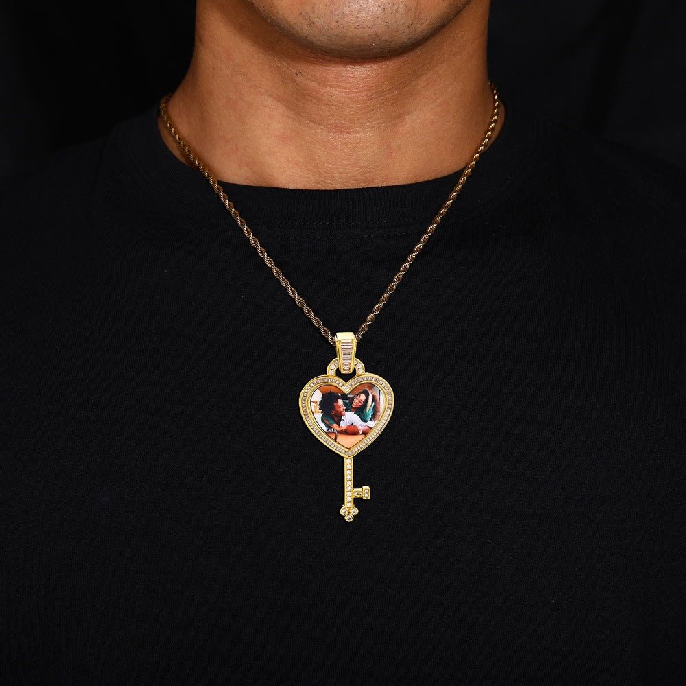 3D Solid Key Heart Custom Photo Pendant - 37mm - TONGSHOP / Length:16 / Length:18