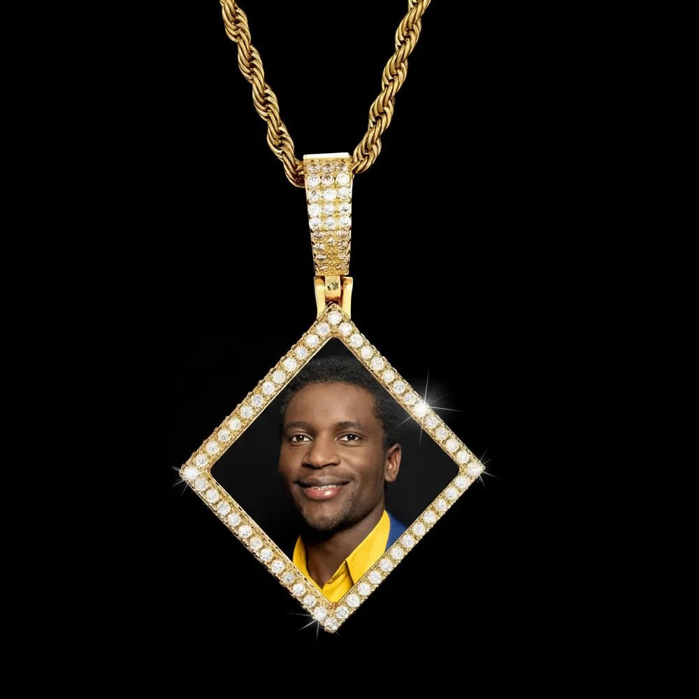 3D Solid Rhombus Custom Photo Pendant in Yellow Gold - 38mm - TONGSHOP / Length:16 / Length:18