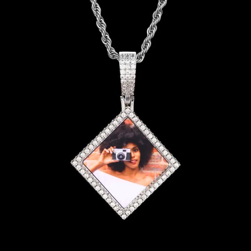 3D Solid Rhombus Custom Photo Pendant in Yellow Gold - 38mm - TONGSHOP / Length:16 / Length:18