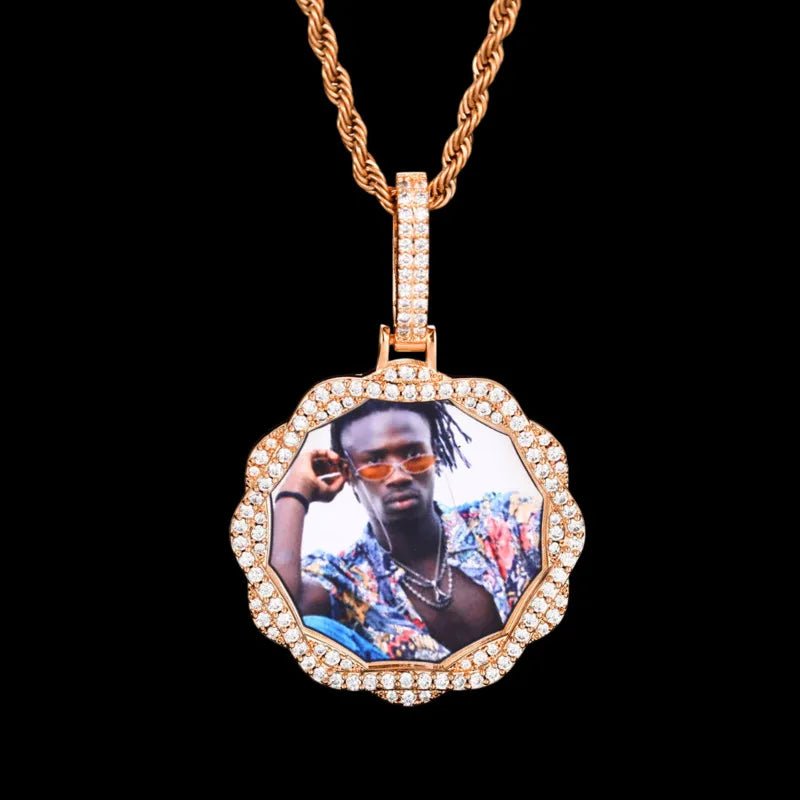 3D Vine Round Solid Custom Photo Pendant in White Gold - 38mm - TONGSHOP / Length:16 / Length:18