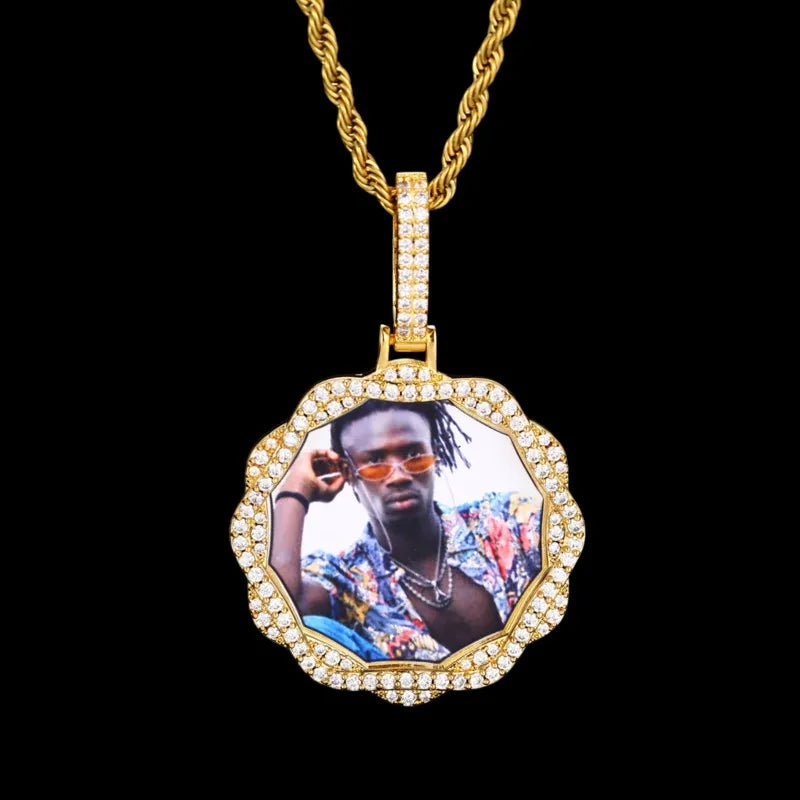 3D Vine Round Solid Custom Photo Pendant in White Gold - 38mm - TONGSHOP / Length:16 / Length:18