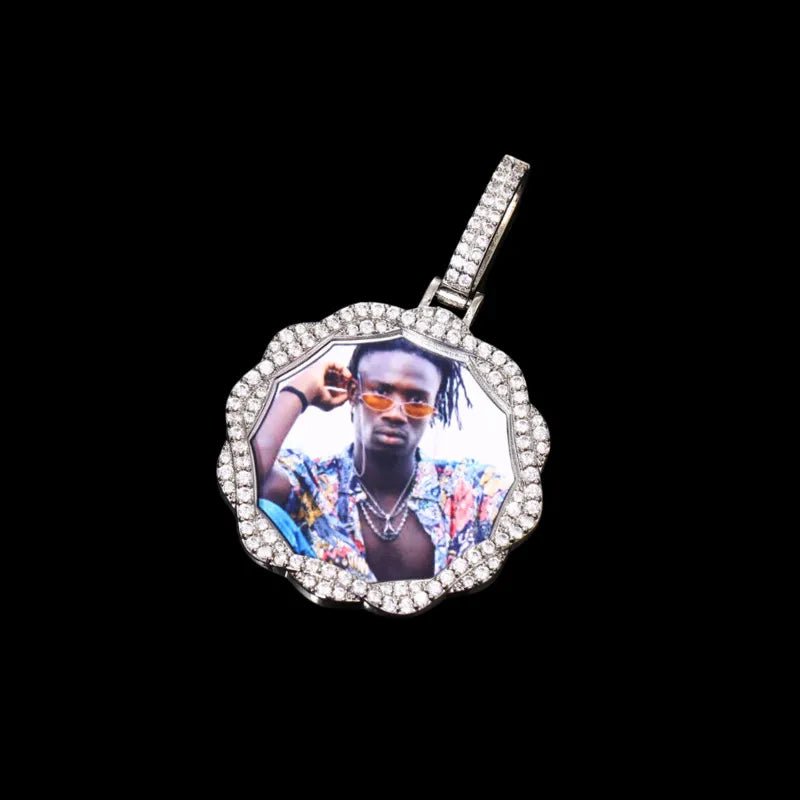 3D Vine Round Solid Custom Photo Pendant in White Gold - 38mm - TONGSHOP / Length:16 / Length:18
