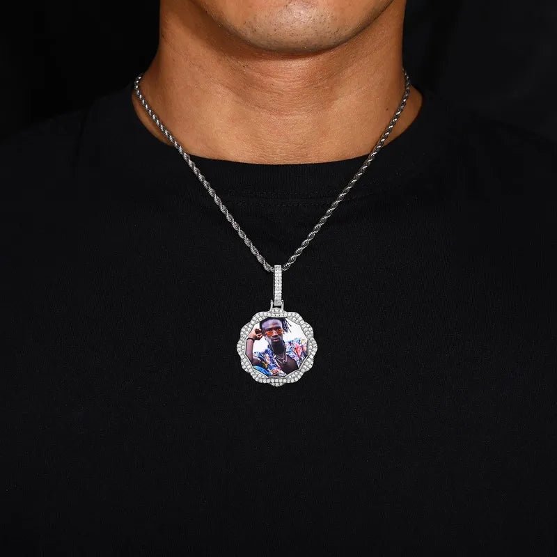 3D Vine Round Solid Custom Photo Pendant in White Gold - 38mm - TONGSHOP / Length:16 / Length:18