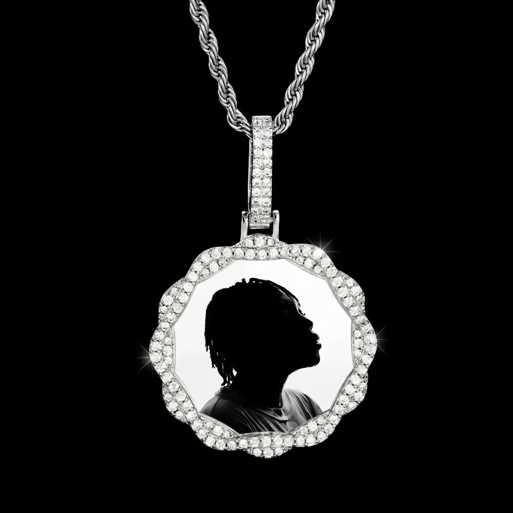 3D Vine Round Solid Custom Photo Pendant in White Gold - 38mm - TONGSHOP / Length:16 / Length:18