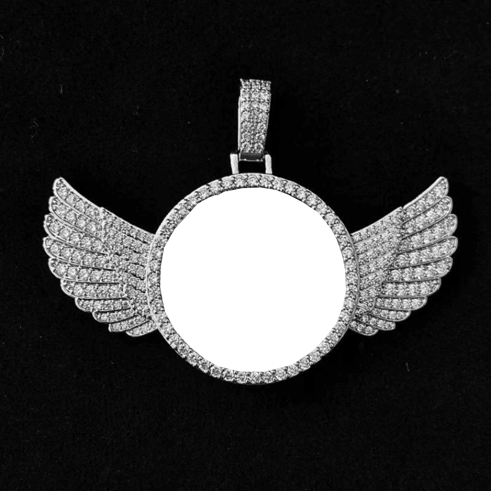 3D Winged Round Photo Diamond Iced - Out Pendant - TONGSHOP / Length:16 / Length:18
