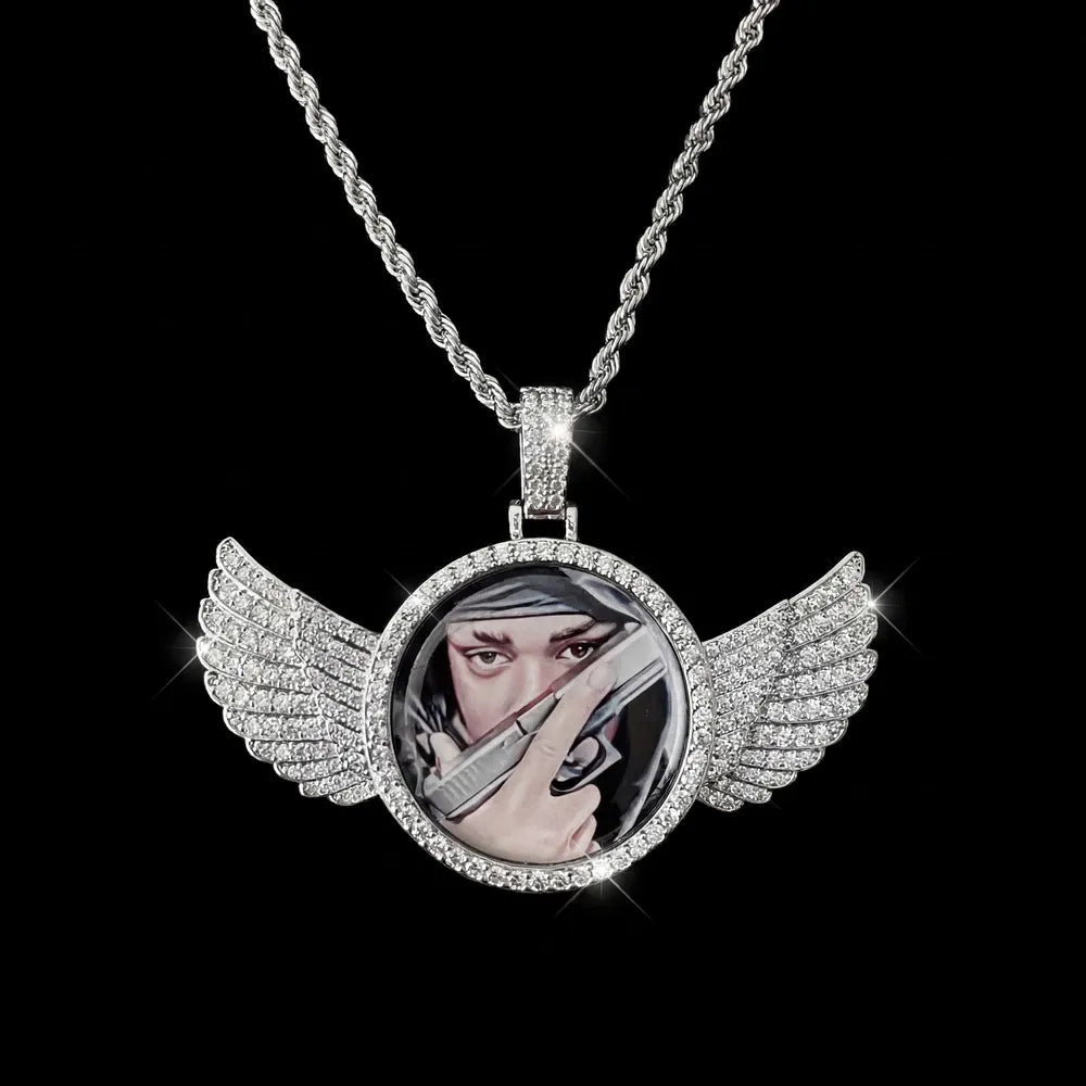 3D Winged Round Photo Diamond Iced - Out Pendant - TONGSHOP / Length:16 / Length:18