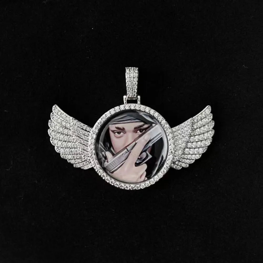 3D Winged Round Photo Diamond Iced - Out Pendant - TONGSHOP / Length:16 / Length:18