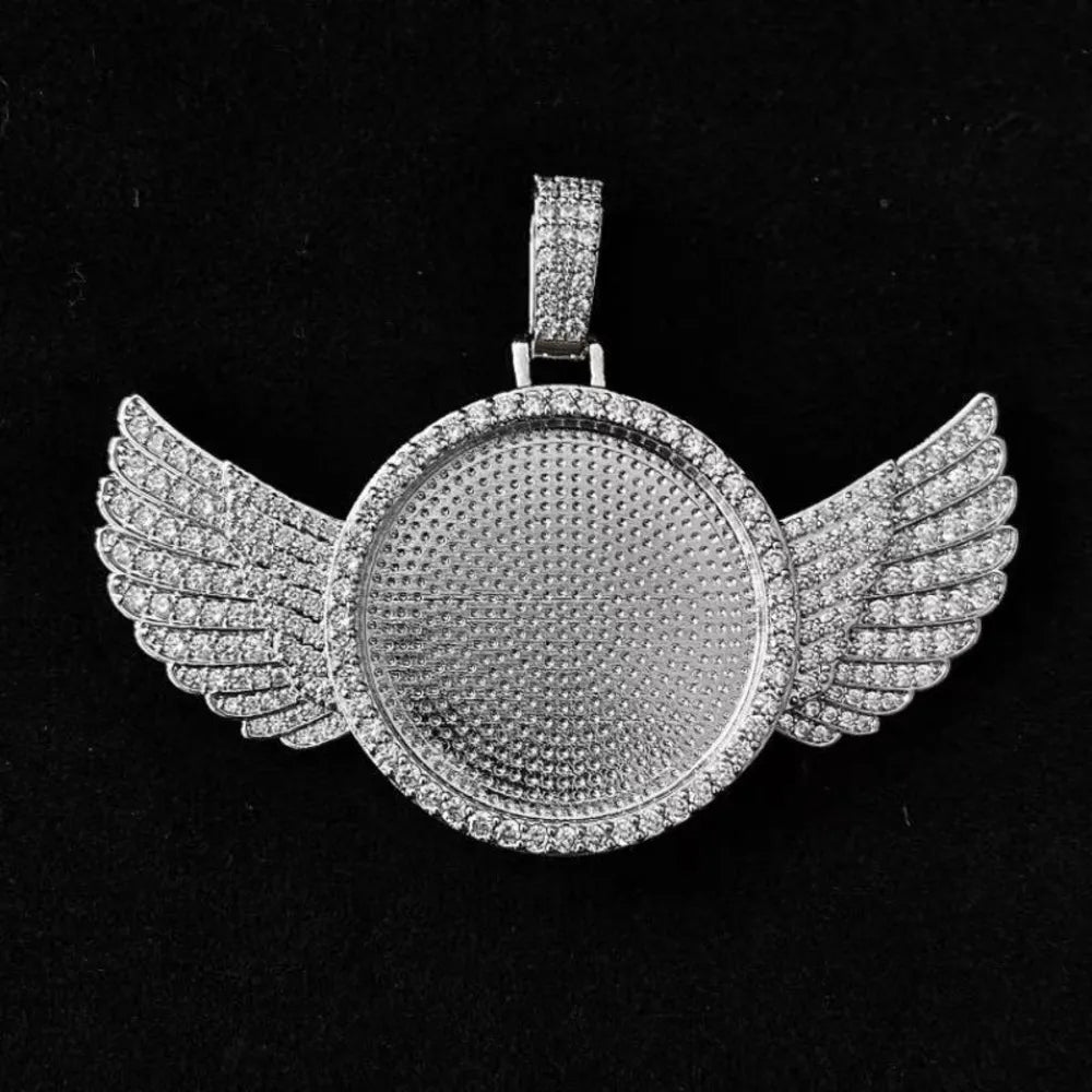 3D Winged Round Photo Diamond Iced - Out Pendant - TONGSHOP / Length:16 / Length:18