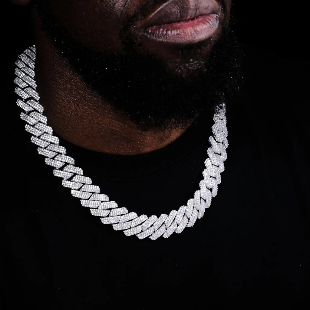 3Row Prong Cuban Link Chain & Bracelet Bundle in WhiteGold - 19mm - TONGSHOP