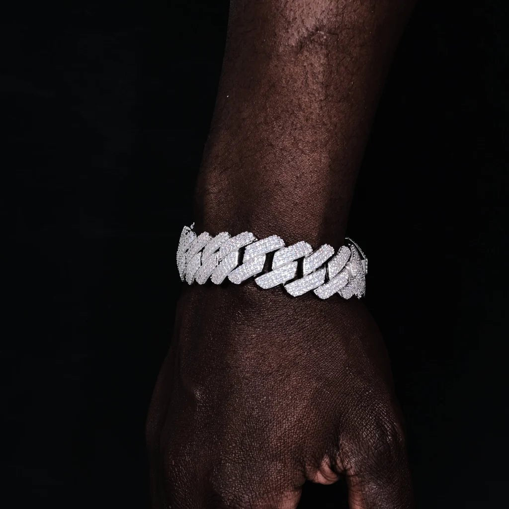 3Row Prong Cuban Link Chain & Bracelet Bundle in WhiteGold - 19mm - TONGSHOP