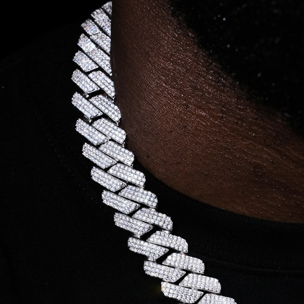 3Row Prong Cuban Link Chain & Bracelet Bundle in WhiteGold - 19mm - TONGSHOP