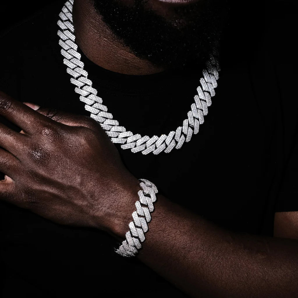 3Row Prong Cuban Link Chain & Bracelet Bundle in WhiteGold - 19mm - TONGSHOP