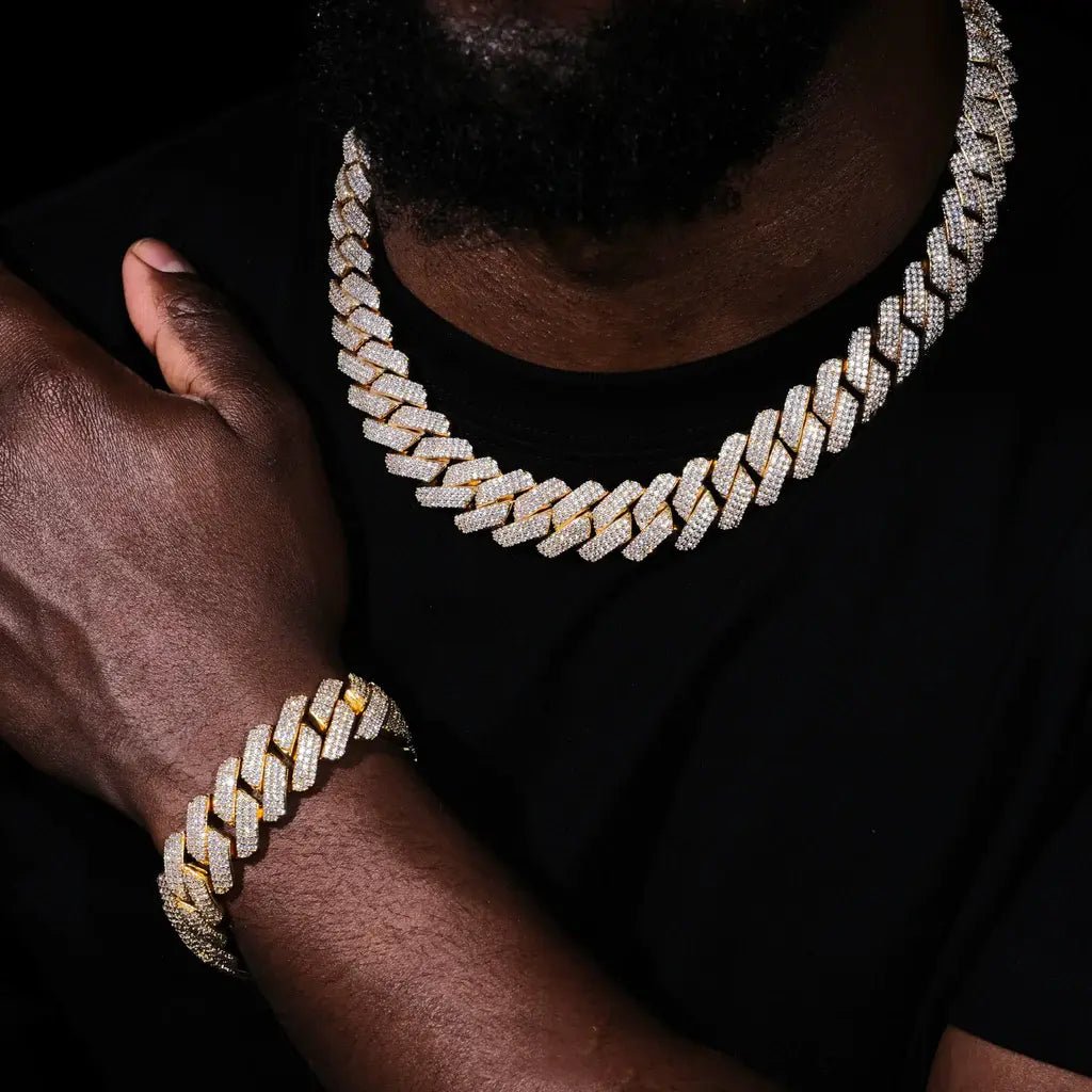 3Row Prong Cuban Link Chian & Bracelet Bundle in 18K Gold - 19mm - TONGSHOP