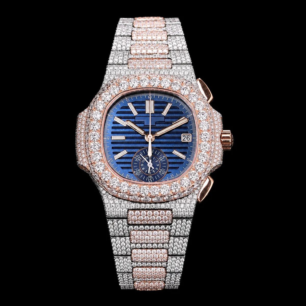 40mm Fully Iced - Out VVS Moissanite Square Watch - BLUE - TONGSHOP / Color:White Gold / Color:Yellow Gold
