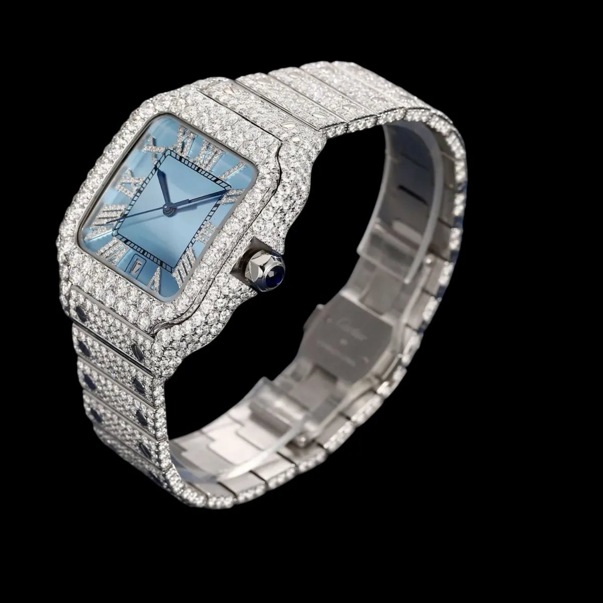 40mm Iced - Out VVS Moissanite Square Watch - BLUE - TONGSHOP / Style:White Gold / WATCH