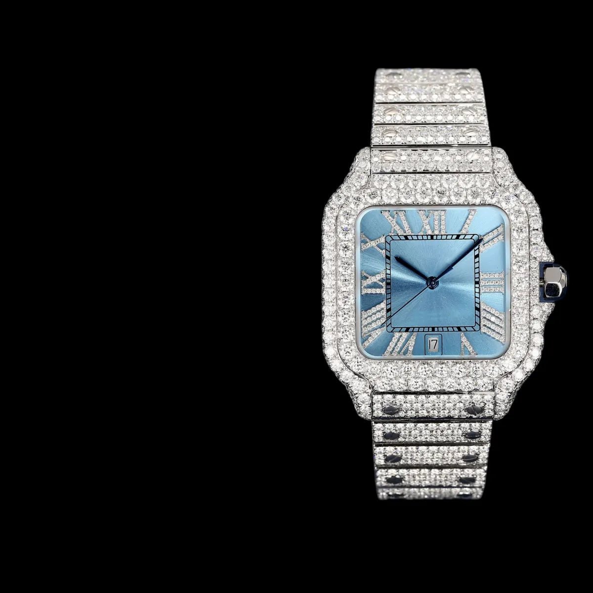 40mm Iced - Out VVS Moissanite Square Watch - BLUE - TONGSHOP / Style:White Gold / WATCH