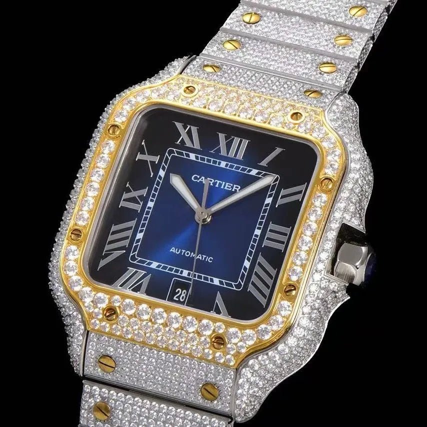 40mm VVS Moissanite Square Full - Diamond Watch – Two - Tone Blue - TONGSHOP / Color:Rose Gold / Color:White Gold