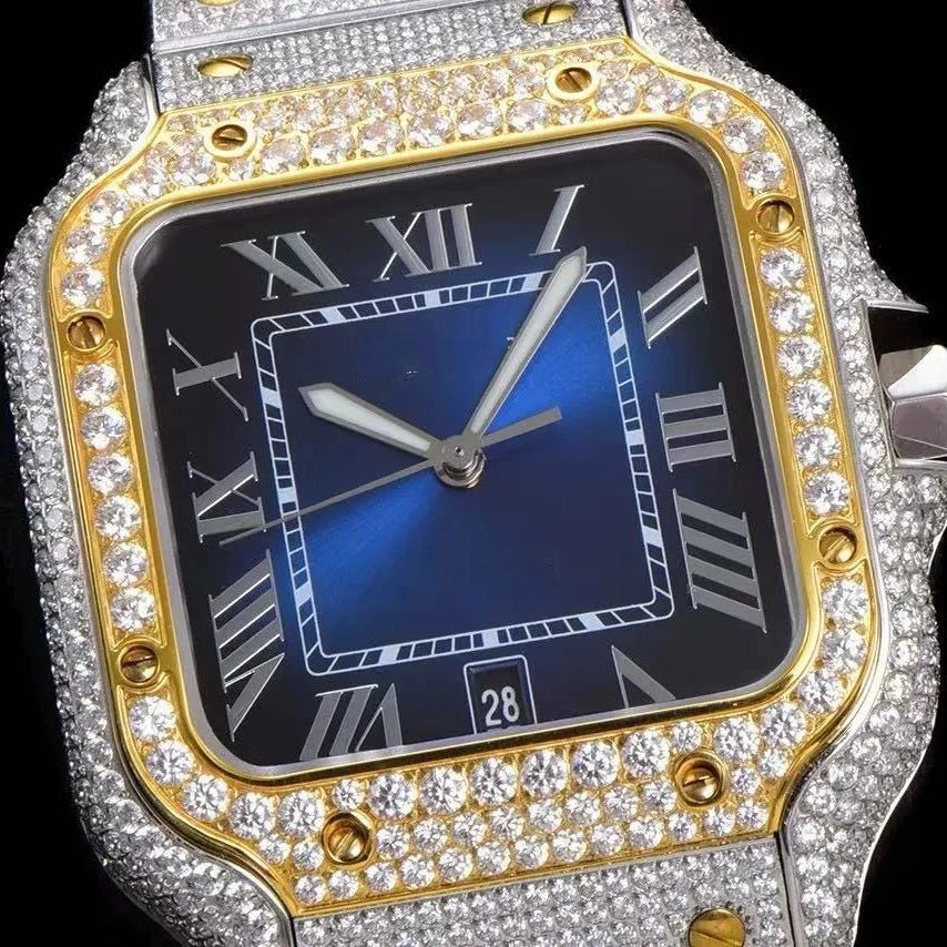 40mm VVS Moissanite Square Full-Diamond Watch – Two-Tone Blue