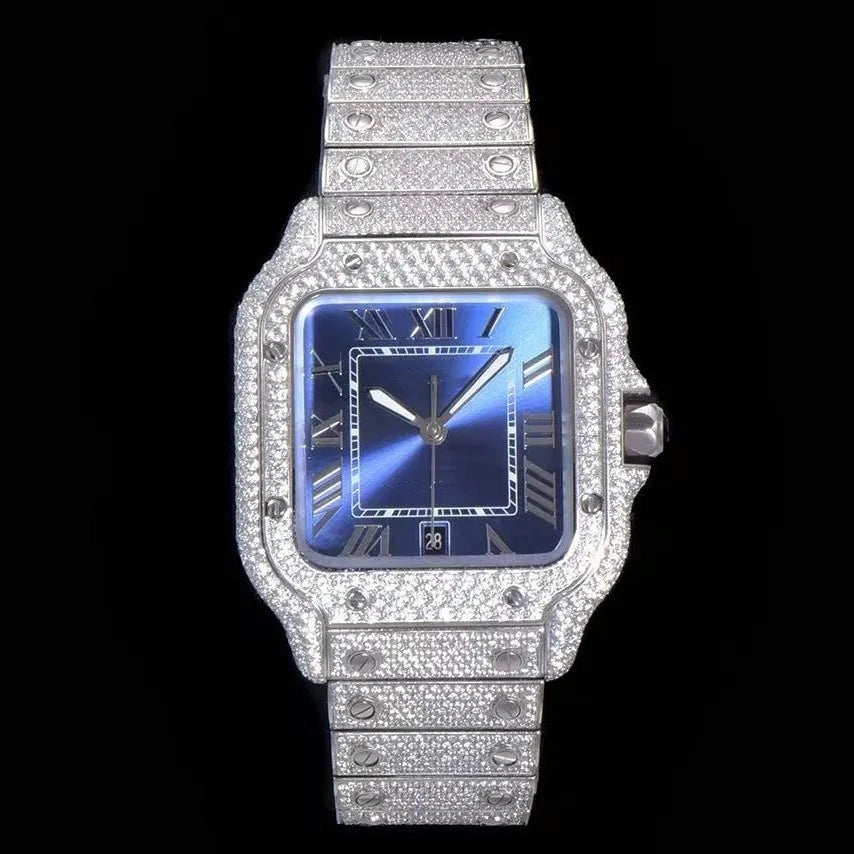 40mm VVS Moissanite Square Full-Diamond Watch – White Gold & Blue