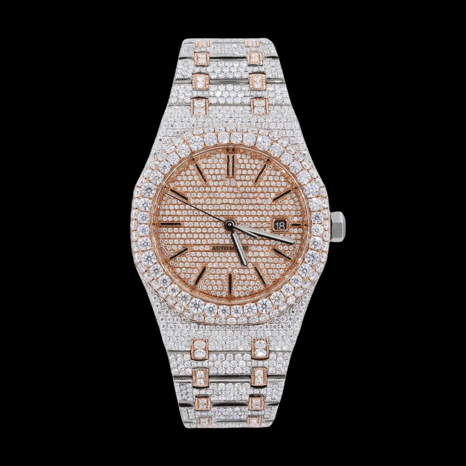 42MM Fully Iced Out Watch on Rose Gold Two Tone Era® 316, Color: White Gold/Rose Gold, Size: 42mm, Width: 42mm, Material: 316L Stainless Steel, Stone: 5A, - TONGSHOP