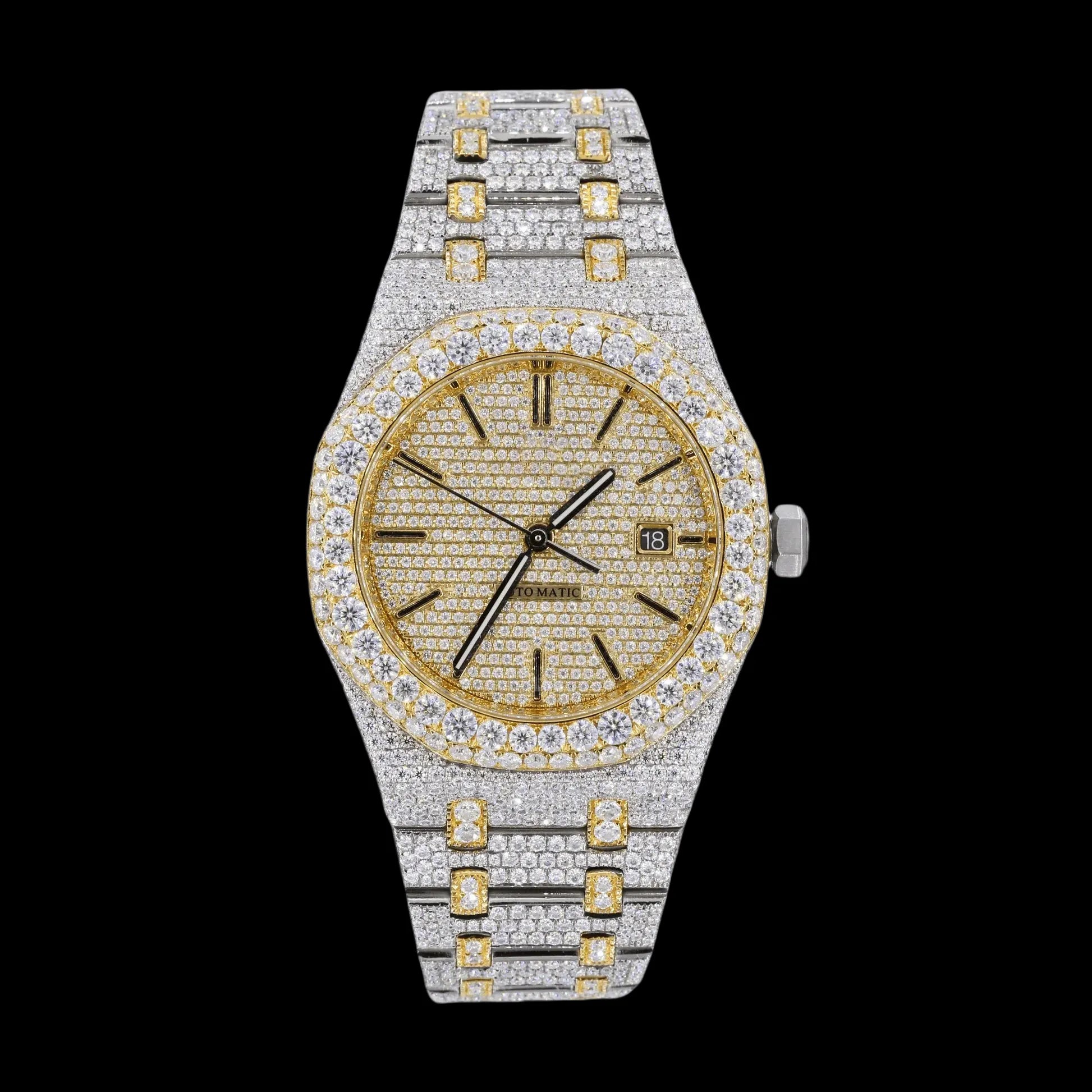 42MM Fully Iced Out Watch in Yellow Gold Two Tone Era® 316, Color: White Gold/Yellow Gold, Size: 42mm, Width: 42mm, Material: - 316L Stainless Steel/14K White Gold Plated, Stone: 5A, Gender: Unisex, Age Group: Adult
