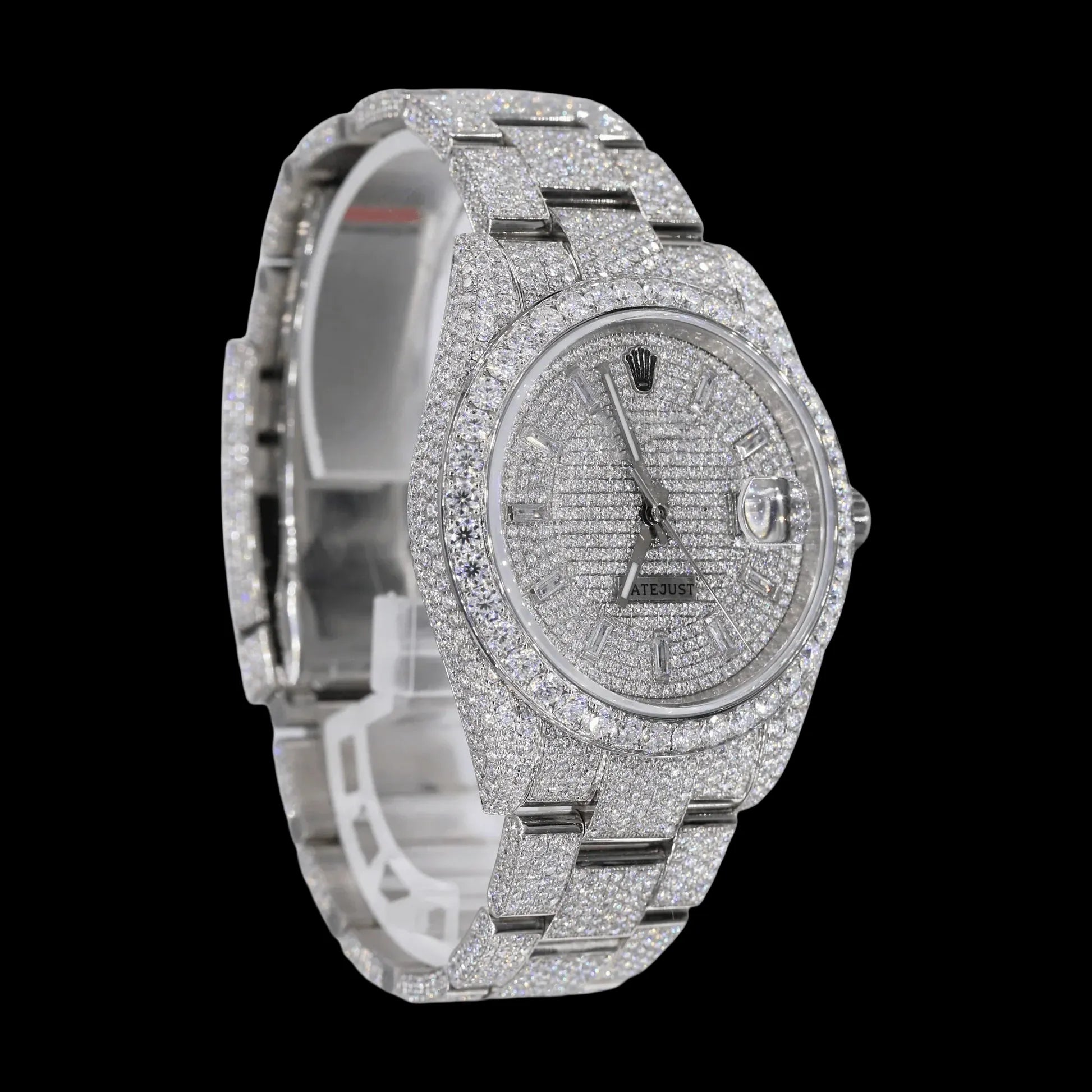 Specifications - Case: - 14K White Gold Plated - Case Size: - 42mm Diameter - Case Thickness: - 11mm (top of glass to bottom caseback) - Movement: - Gold Plated: Features Exclusive Sweeping Quartz Movement - The first of its kind to feature a smooth and continuous movement with 5 moves per second. You'll see quickly that there is no ticking! - Water Resistance: - 5 ATM - Dial Options: - Fully Iced Gold w/ Roman Numeral - Strap: - Steel Bracelet Stones White Gold Plated: Standard with AAAAA-AAAA quality hand