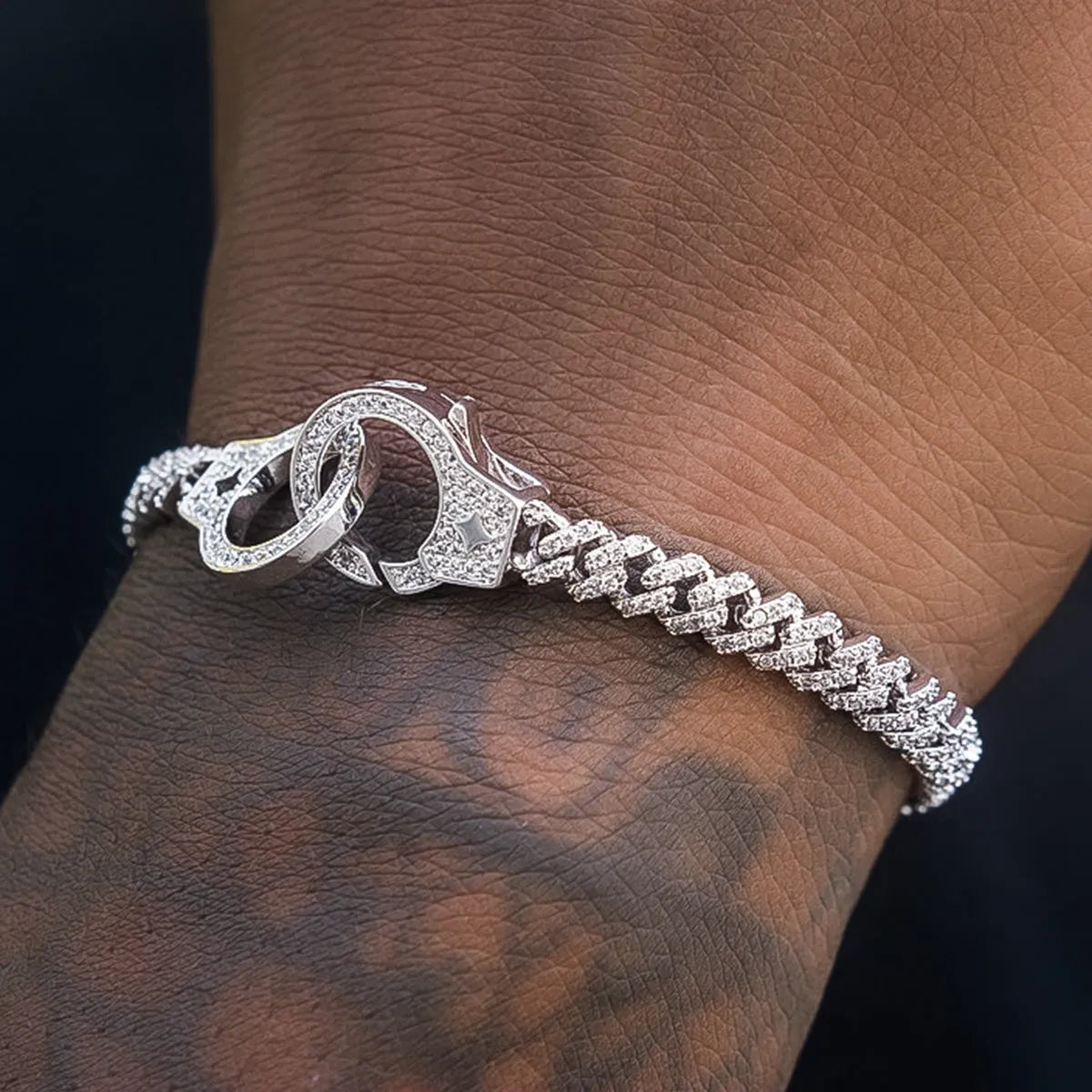 Iced Handcuff Diamond Prong Cuban Bracelet in White Gold