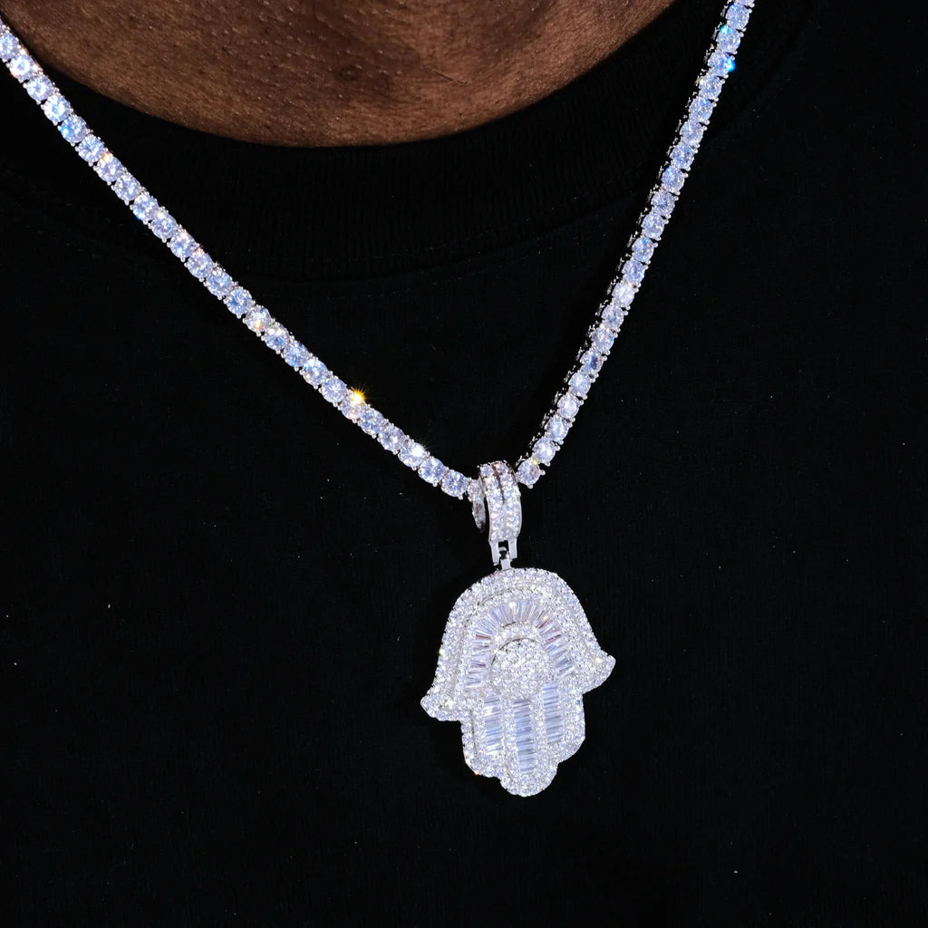 Baguette Hamsa Hand Pendant In White Gold - 35MM