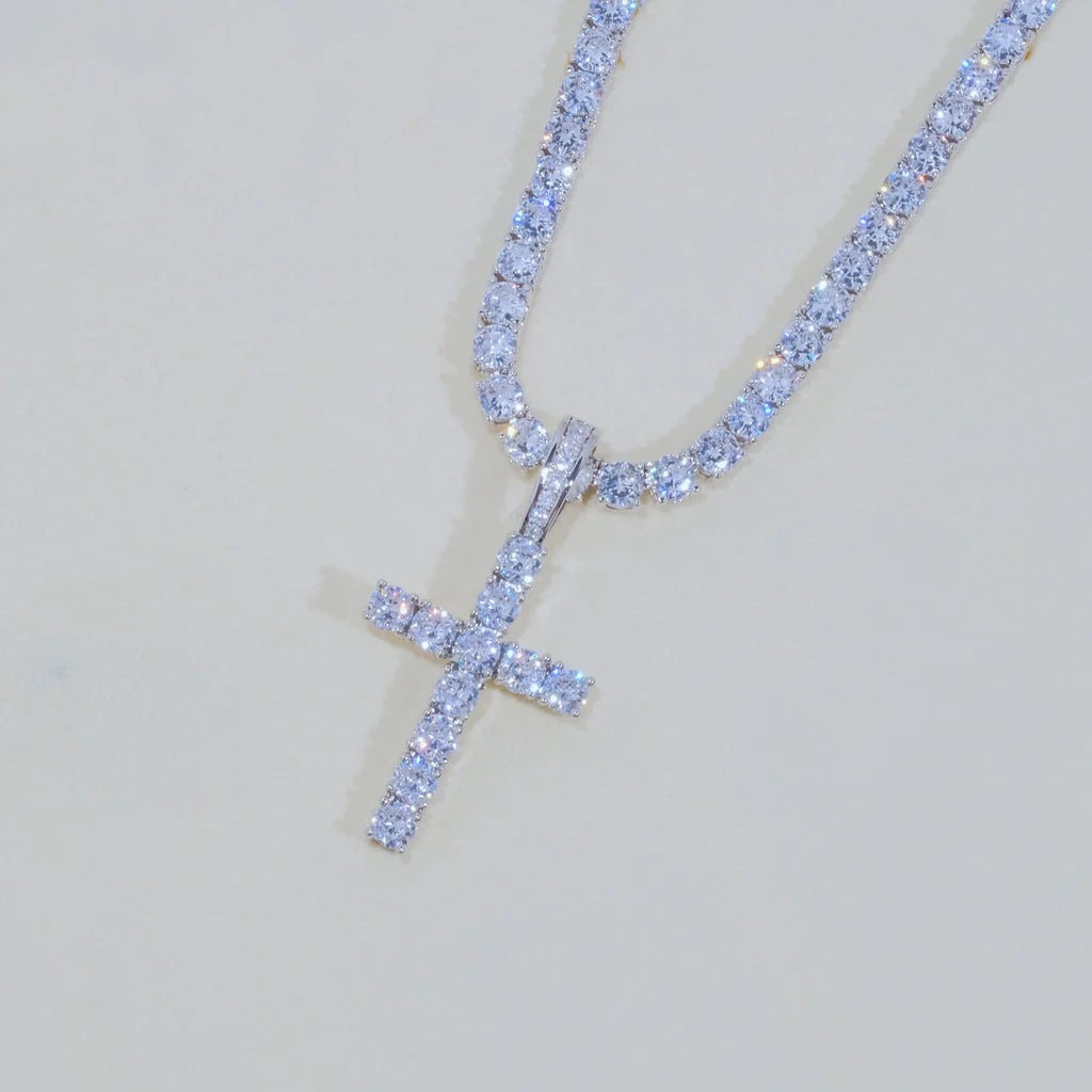 White Gold Cross + 4mm Tennis Chain - Bundle