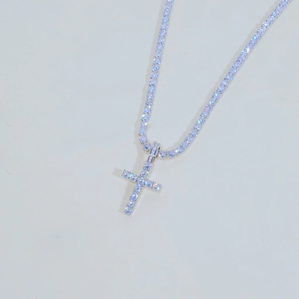 White Gold Cross + 4mm Tennis Chain - Bundle