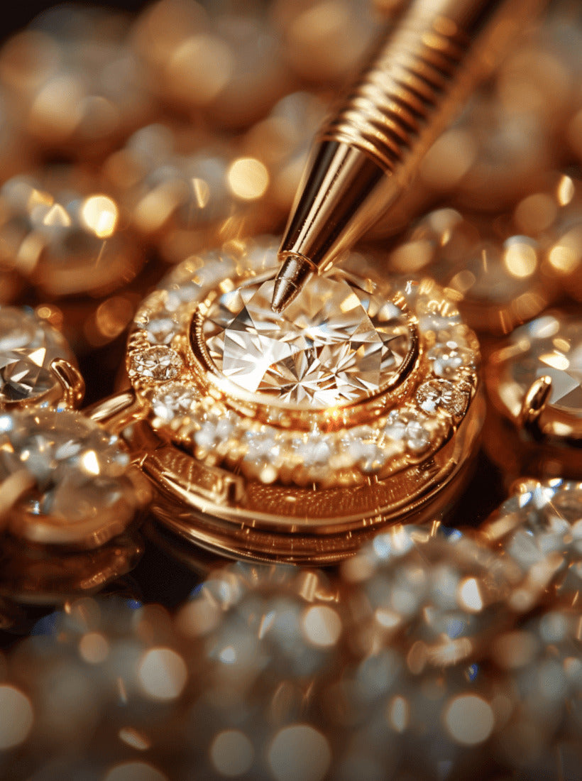 Close-up jewelry setting process showing handset precision