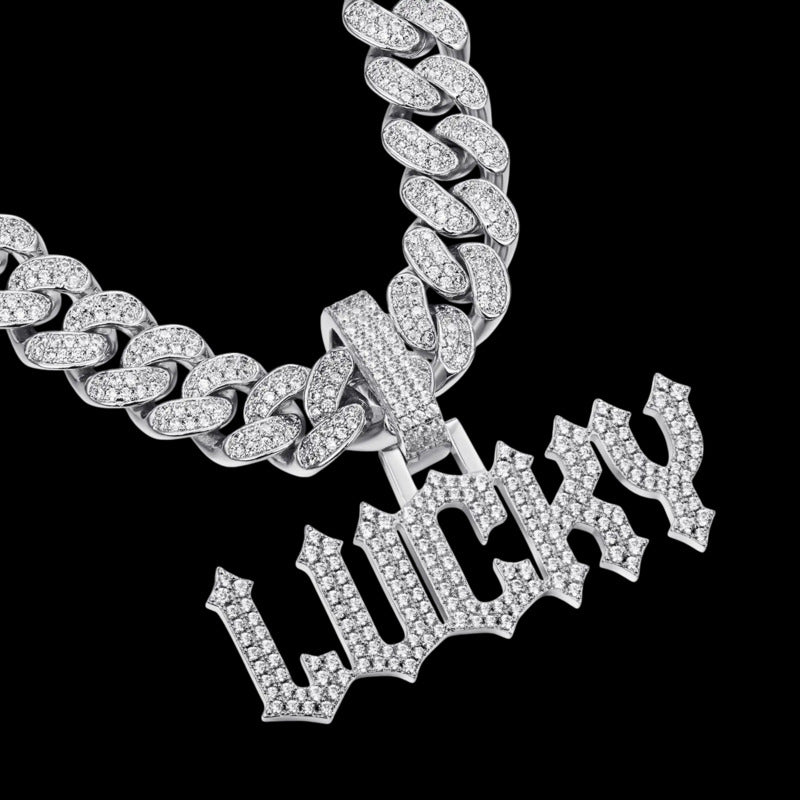 Custom Moissanite Gothic Font LettersNumbers White Gold Name Pendant