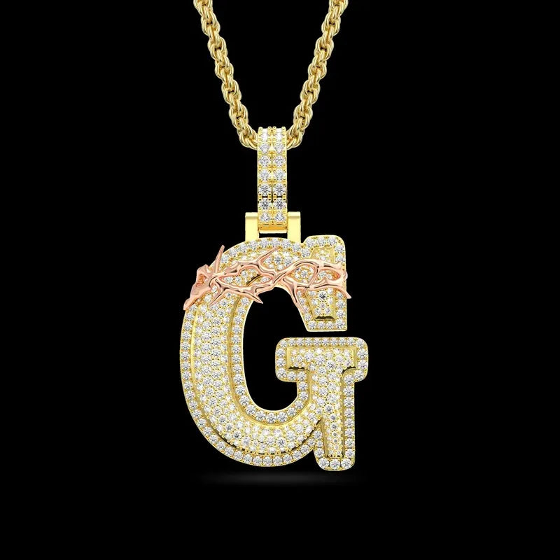 Custom Crown of Thorns Initial Letter Pendant in Yellow Gold