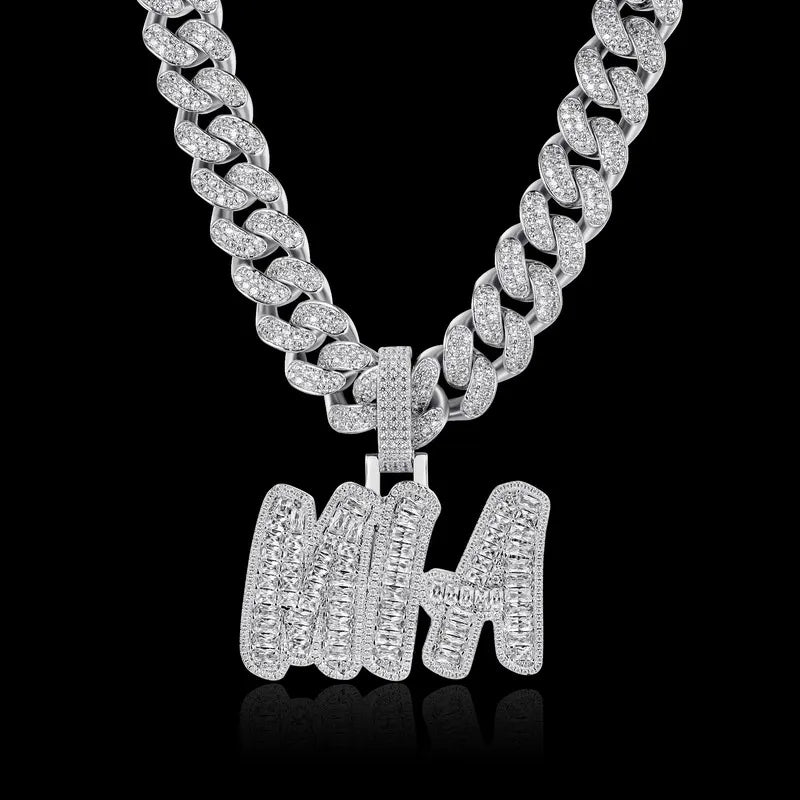 Custom Emerald CutRomantic Font Pendant in White Gold