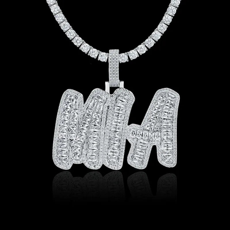 Custom Emerald CutRomantic Font Pendant in White Gold