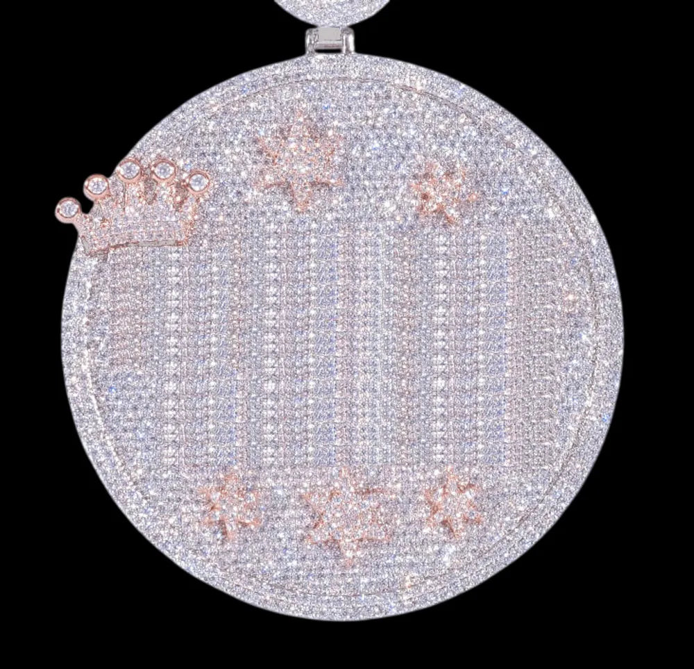 Custom Large Round Full-Diamond 3D Letter & Crown Pendant - 80mm