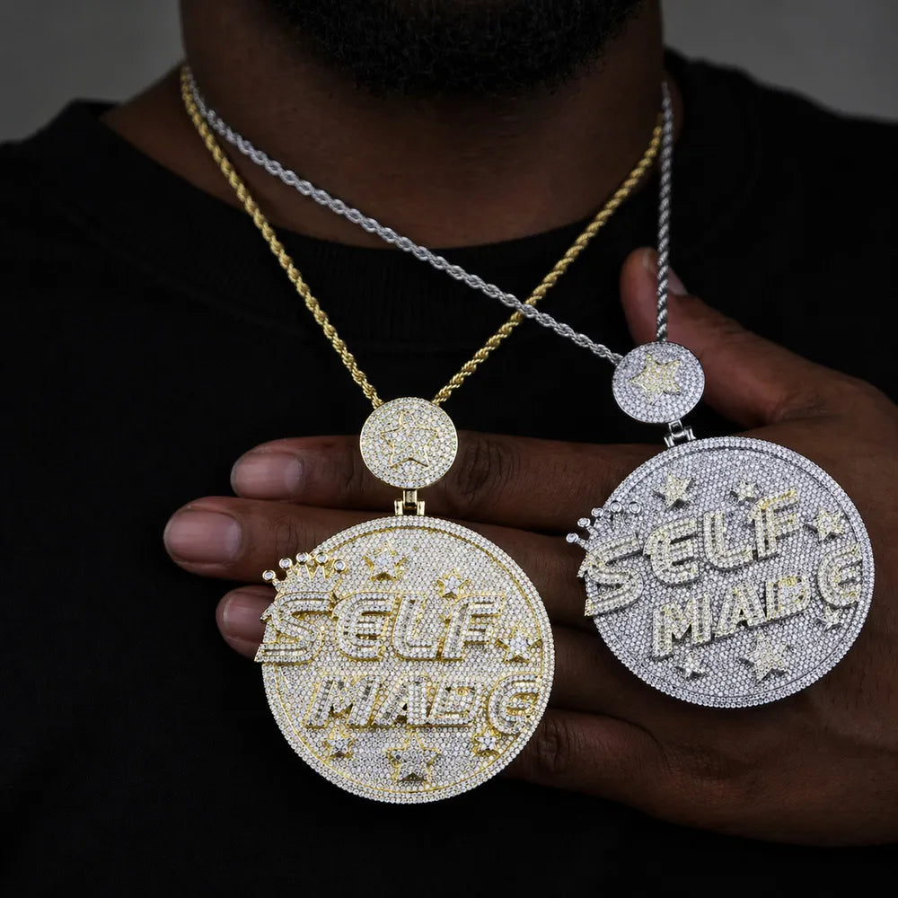 Custom Large Round Full-Diamond 3D Letter & Crown Pendant - 80mm