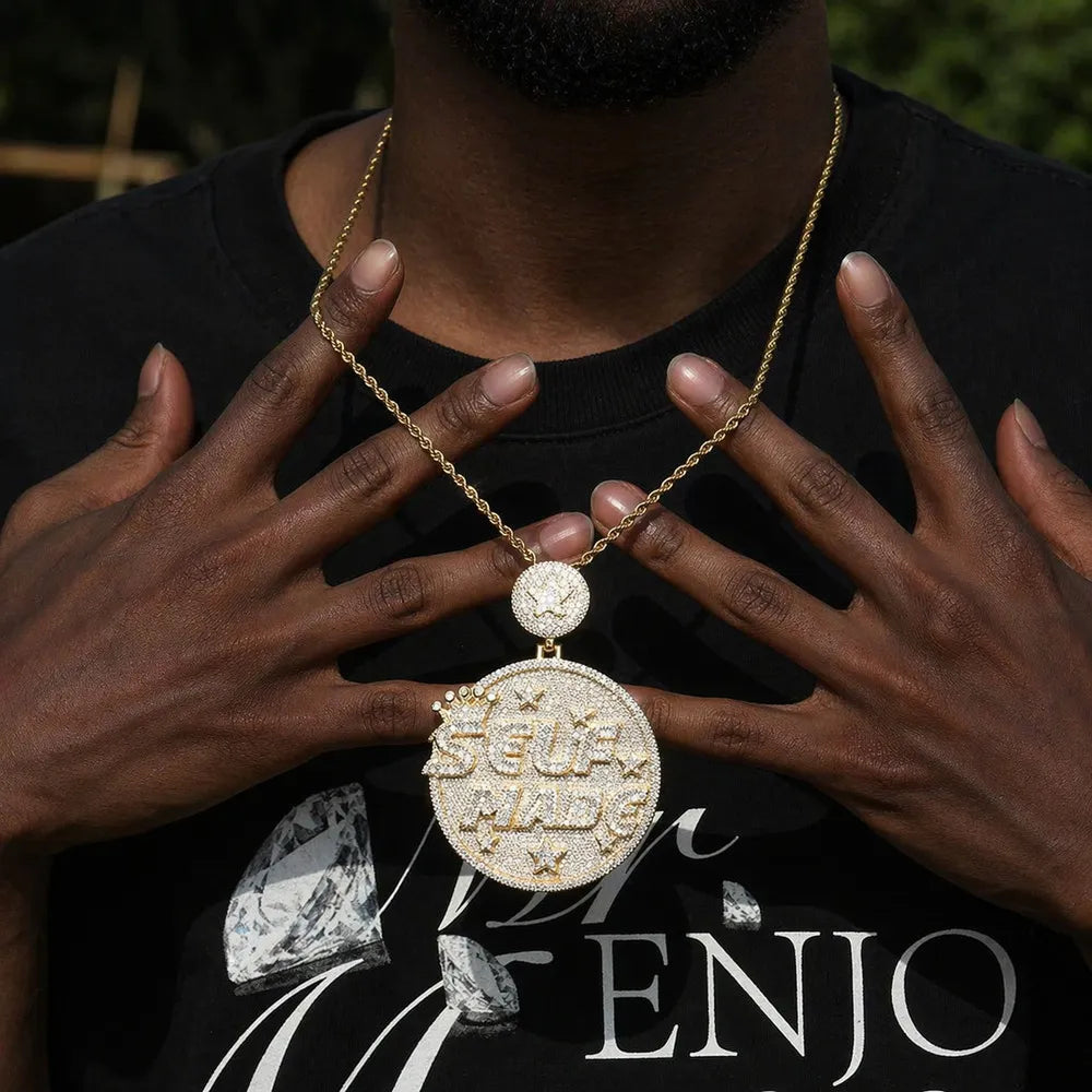 Custom Large Round Full-Diamond 3D Letter & Crown Pendant - 80mm