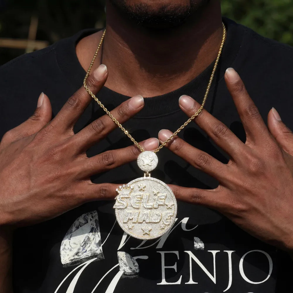 Custom Large Round Full-Diamond 3D Letter & Crown Pendant - 80mm