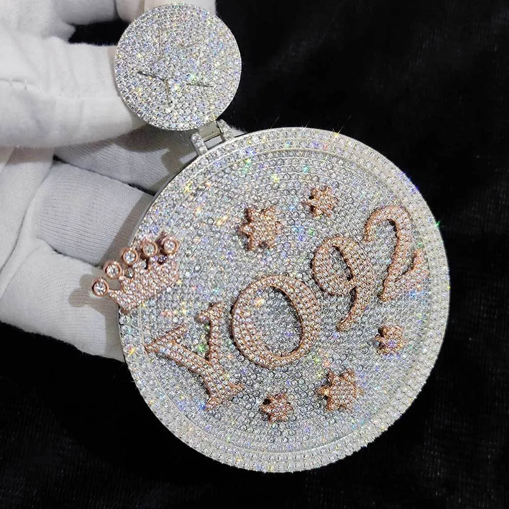 Custom Large Round Full-Diamond 3D Letter & Crown Pendant - 80mm