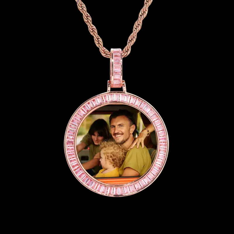 Custom Photo Pink Diamond Round Pendant in Rose Gold - 38mm